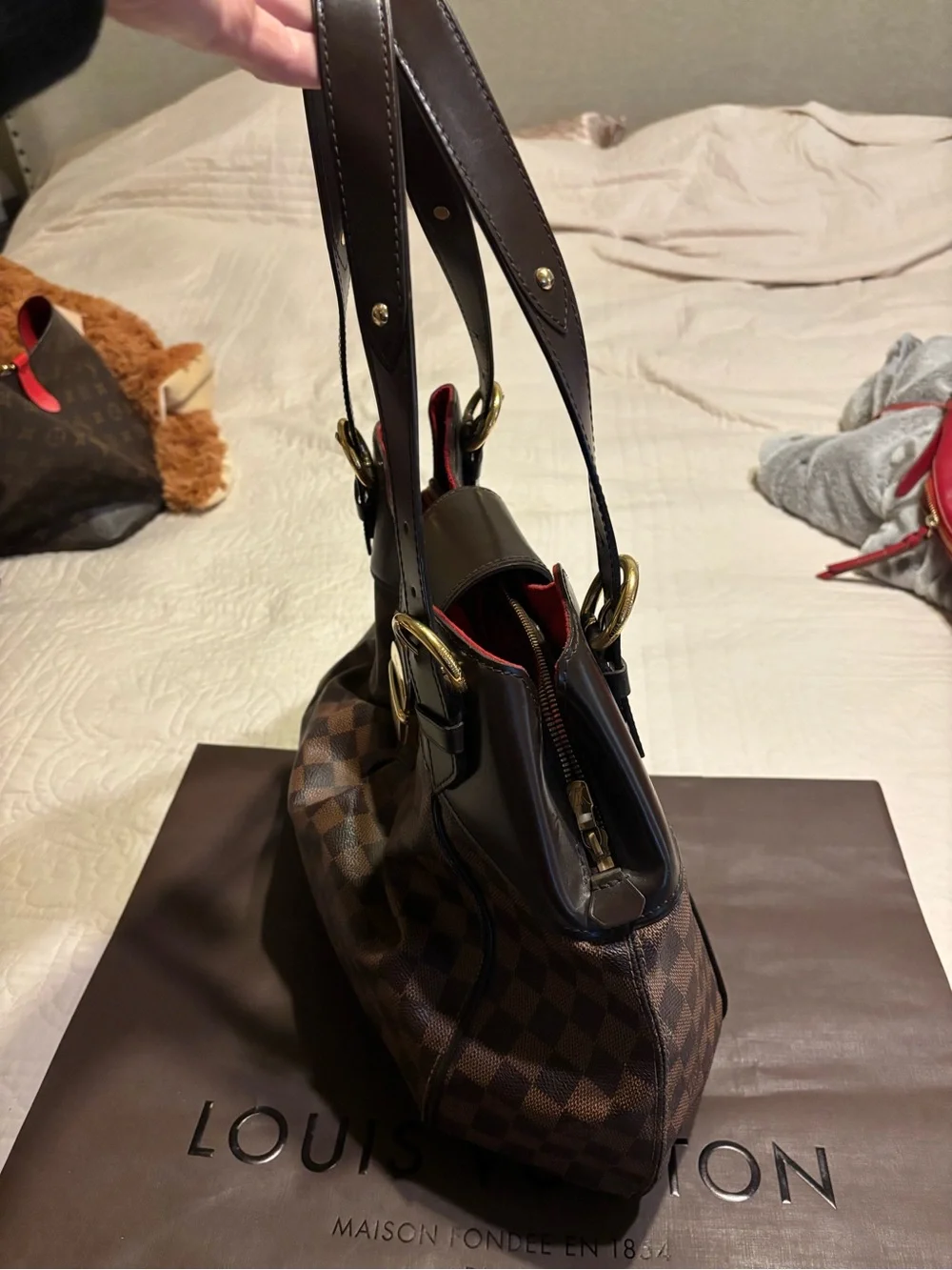 Louis Vuitton Damier Ebene Shoulder Bag with Gold Hardware